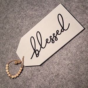 "Blessed" hang tag, wooden with wood beads